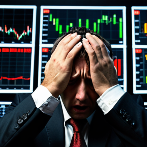 **Prompt:** A stressed investor with hands on their head, surrounded by falling stock charts, representing fear of loss during a market crash. Dark, dramatic lighting.  Focus on emotional distress.