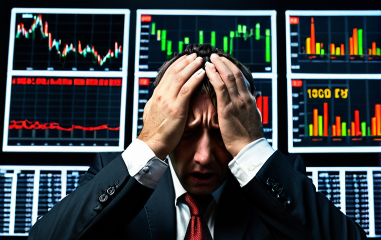 **Prompt:** A stressed investor with hands on their head, surrounded by falling stock charts, representing fear of loss during a market crash. Dark, dramatic lighting. Focus on emotional distress.