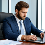 A professional individual, fully clothed in a modest business suit, sitting at a modern desk, thoughtfully analyzing financial charts on a laptop screen in a well-lit corporate office. The atmosphere is calm and focused. The subject displays perfect anatomy, correct proportions, and a natural pose, with well-formed hands and proper finger count. The image emphasizes professional photography, high-quality, safe for work, appropriate content, and professional dress.
