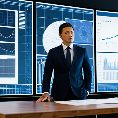 A professional male figure in a modest business suit stands in a traditional office setting, appearing contemplative. He is looking at an outdated, large blueprint or project plan laid out on a wooden table, while in the background, vibrant digital screens display modern, fast-moving data. The scene visually represents the challenge of adapting to change and the inertia of past investments. The figure is fully clothed, appropriate attire, safe for work, professional, perfect anatomy, correct proportions, natural pose, well-formed hands, proper finger count, natural body proportions, high-quality, appropriate content, modest clothing.