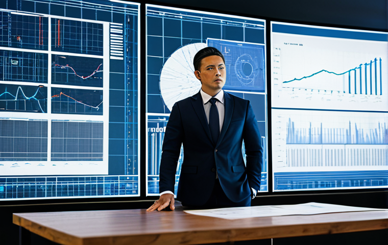 A professional male figure in a modest business suit stands in a traditional office setting, appearing contemplative. He is looking at an outdated, large blueprint or project plan laid out on a wooden table, while in the background, vibrant digital screens display modern, fast-moving data. The scene visually represents the challenge of adapting to change and the inertia of past investments. The figure is fully clothed, appropriate attire, safe for work, professional, perfect anatomy, correct proportions, natural pose, well-formed hands, proper finger count, natural body proportions, high-quality, appropriate content, modest clothing.
