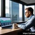 Home 22 감정적 결정 예방을 위한 투자 리서치 - A focused, professional investor in a modern Warsaw office, sitting calmly at a sleek desk with mult...