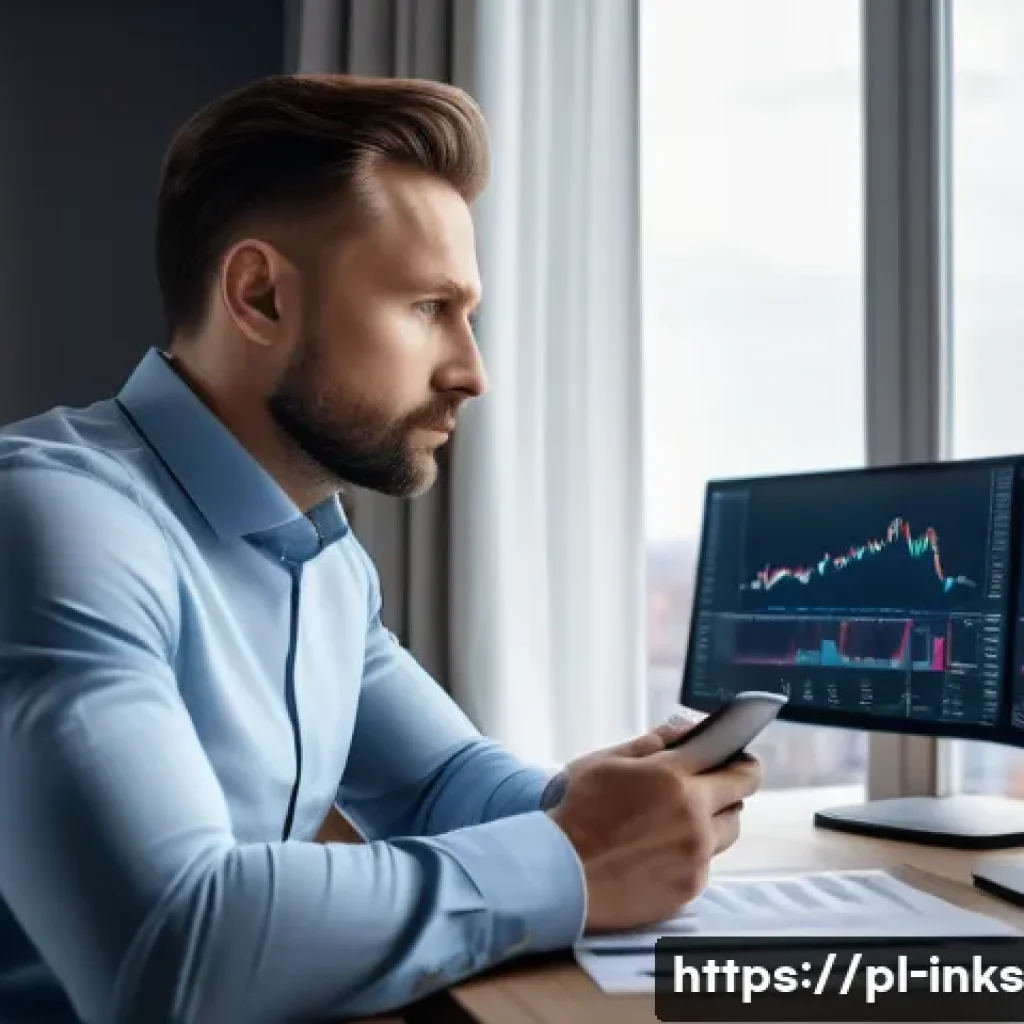 투자 경험과 감정 간의 상관관계 - A focused Polish investor in a modern home office, analyzing stock market charts on multiple screens...