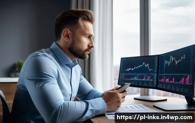 투자 경험과 감정 간의 상관관계 - A focused Polish investor in a modern home office, analyzing stock market charts on multiple screens...