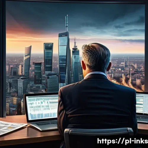 Home 32 감정적 투자 오류에 대한 사례 연구 - A detailed digital painting of an anxious investor sitting at a modern desk cluttered with multiple ...