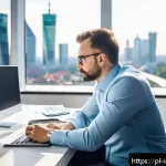 Home 19 부정적인 감정의 투자 결과 - A professional Polish investor sitting calmly at a modern desk in a bright office overlooking Warsaw...