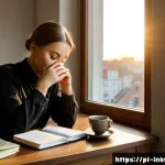 Home 23 주식 투자에서의 감정 관리 기법 - Photorealistic scene of a Polish investor in a calm Warsaw apartment at dawn, seated beside a window...